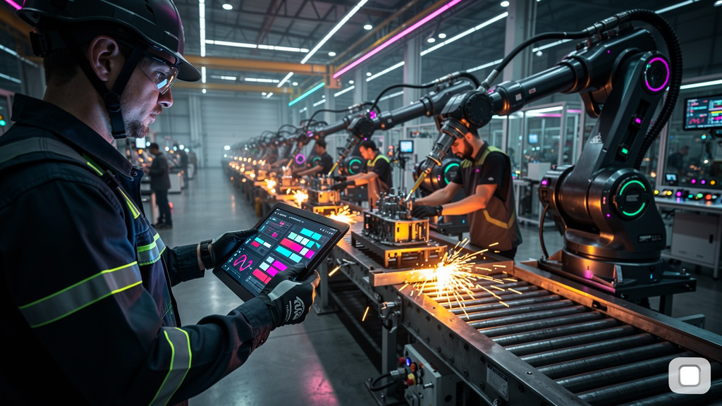 Block de Jack Dorsey Demite Metade da Equipe com IA: O Futuro do Trabalho? — Uma linha de montagem industrial onde robôs colaboram com trabalhadores humanos. Os robôs estão realizando tarefas repetiti