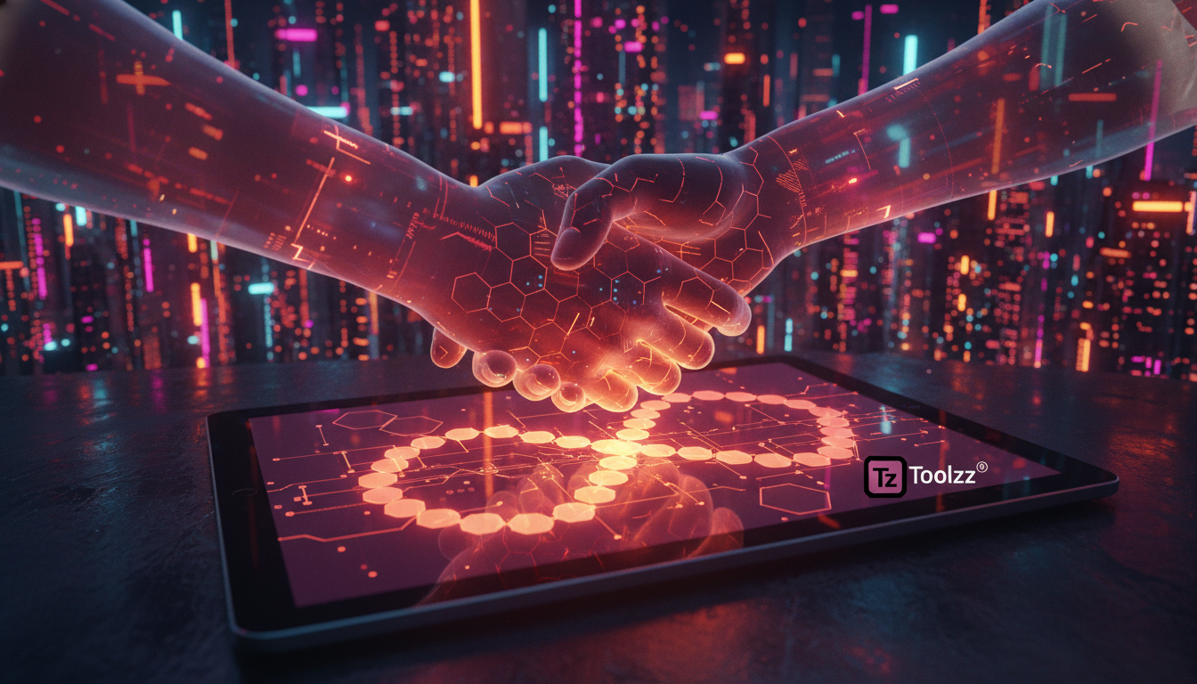 Blockchain Evoluído: Assinaturas e Contratos Inteligentes Perpétuos — Um close-up de mãos digitais apertando-se sobre um tablet que exibe um contrato inteligente perpétuo em blockchain. O fundo mostra