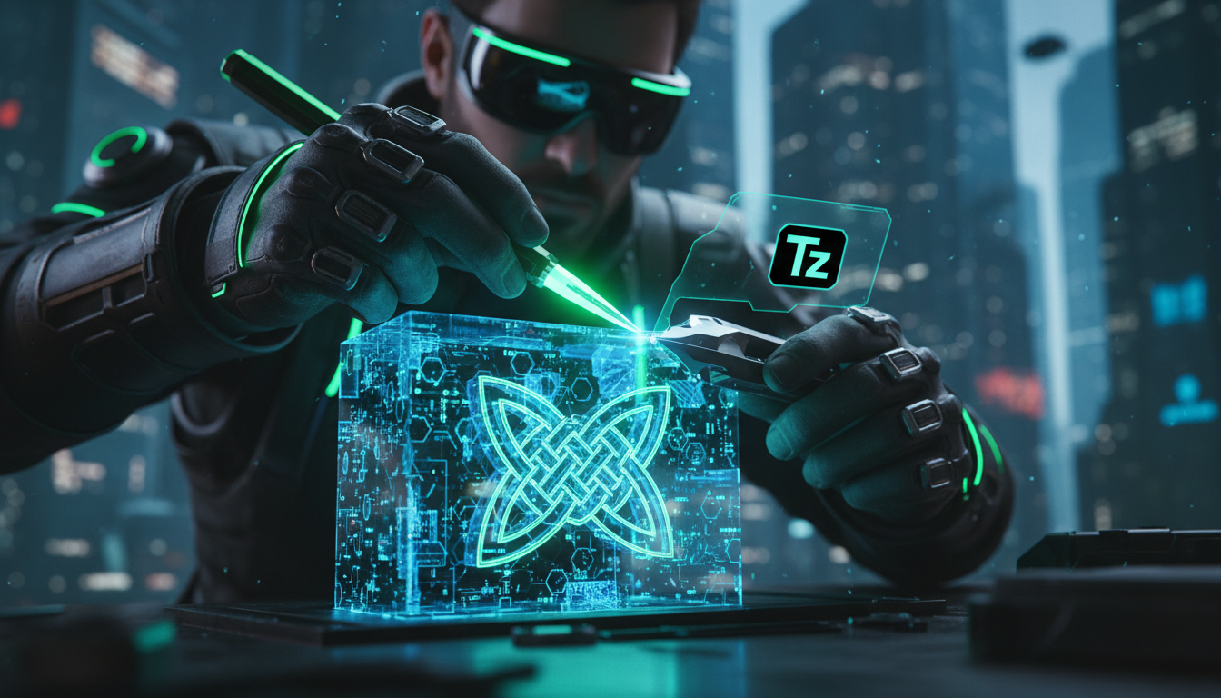 Blockchain Evoluído: Assinaturas e Contratos Inteligentes Perpétuos — Um close-up de um artesão digital esculpindo um intrincado nó celta em um bloco de código blockchain brilhante, usando ferramentas