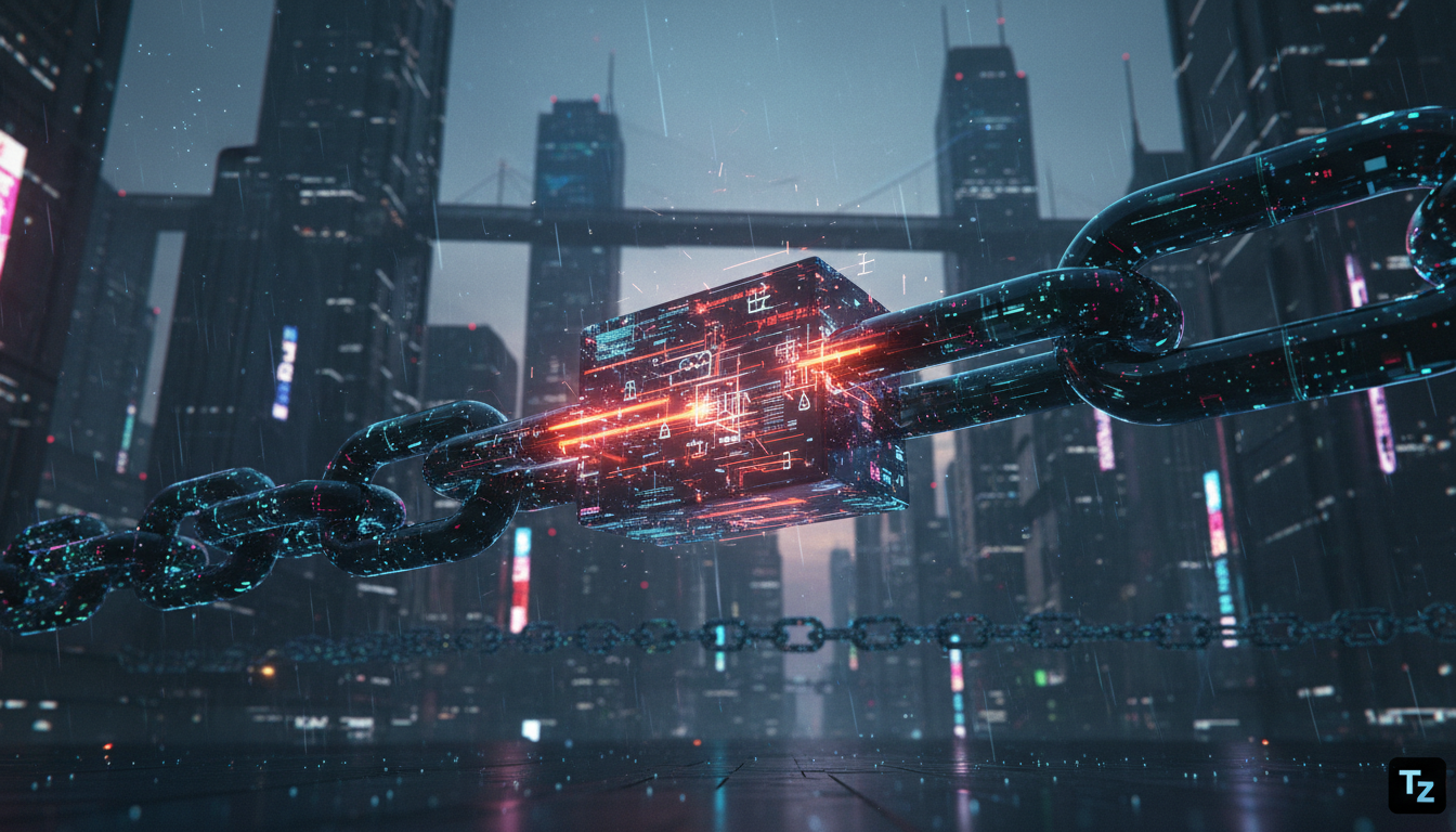 Blockchain Evoluído: Assinaturas e Contratos Inteligentes Perpétuos — Uma blockchain estilizada em forma de corrente contínua, com elos brilhantes representando blocos de dados. Um elo central se dest