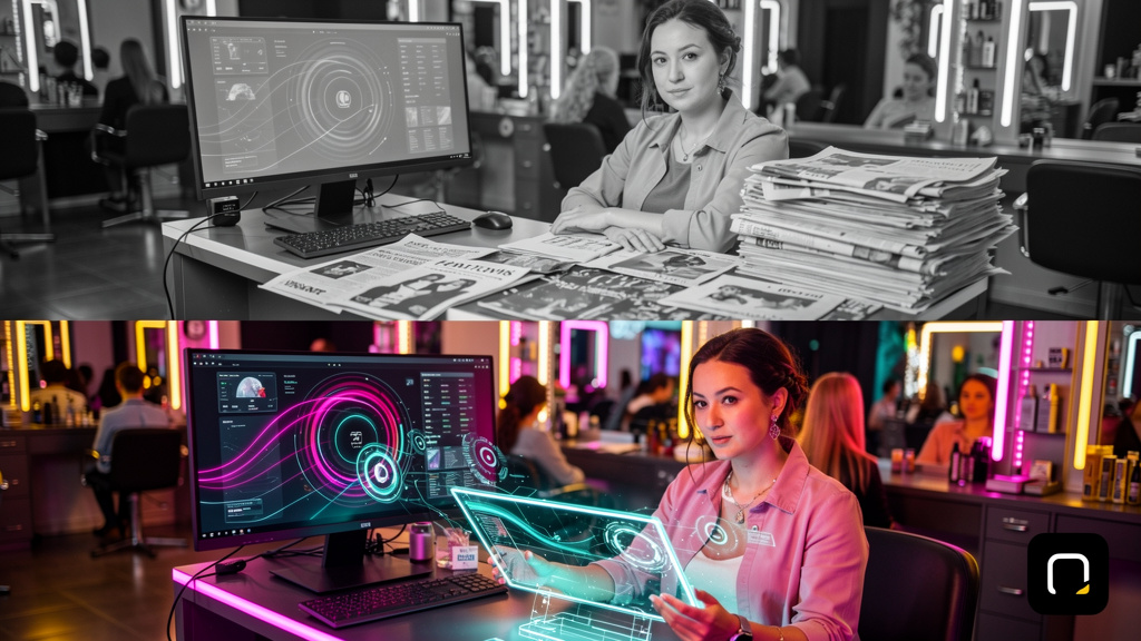 Blog Automatizado com IA: Domine o Google para Salões de Beleza — Infográfico comparando os métodos tradicionais de marketing para salões de beleza (panfletos, anúncios em jornais, etc.) com o Agente 