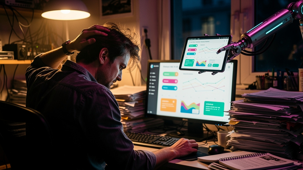 Blog Automatizado com IA em 2026: Escale Conteúdo e ROI — Um consultor de marketing digital sobrecarregado, cercado por pilhas de papéis, com um olhar de desespero. Em sua mesa, um monitor exibe uma l