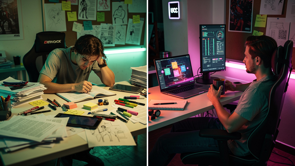 Blog Automatizado com IA em 2026: Guia Prático — Uma tela dividida mostrando 'Antes' e 'Depois' da criação de conteúdo. No lado 'Antes', um designer exausto cercado por pilhas de papel e anotações. No