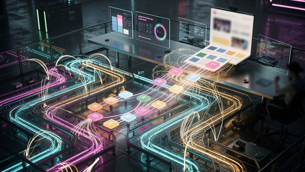 Blog Automatizado com IA em 2026: Inbound Marketing no Piloto — Visualização isométrica de um LLM (Large Language Model) como um labirinto complexo de dados e conexões, com informações fluindo através
