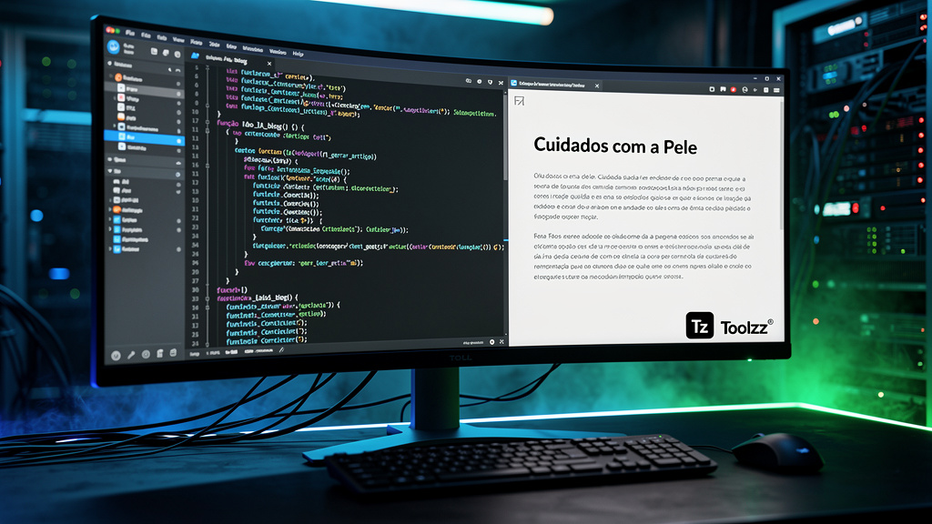 Blog Automatizado com IA em 2026: Toolzz vs. Resultados Digitais — Uma tela de computador mostrando o código de um algoritmo de IA gerando texto para um post de blog sobre 'Cuidados com a Pele'. O log