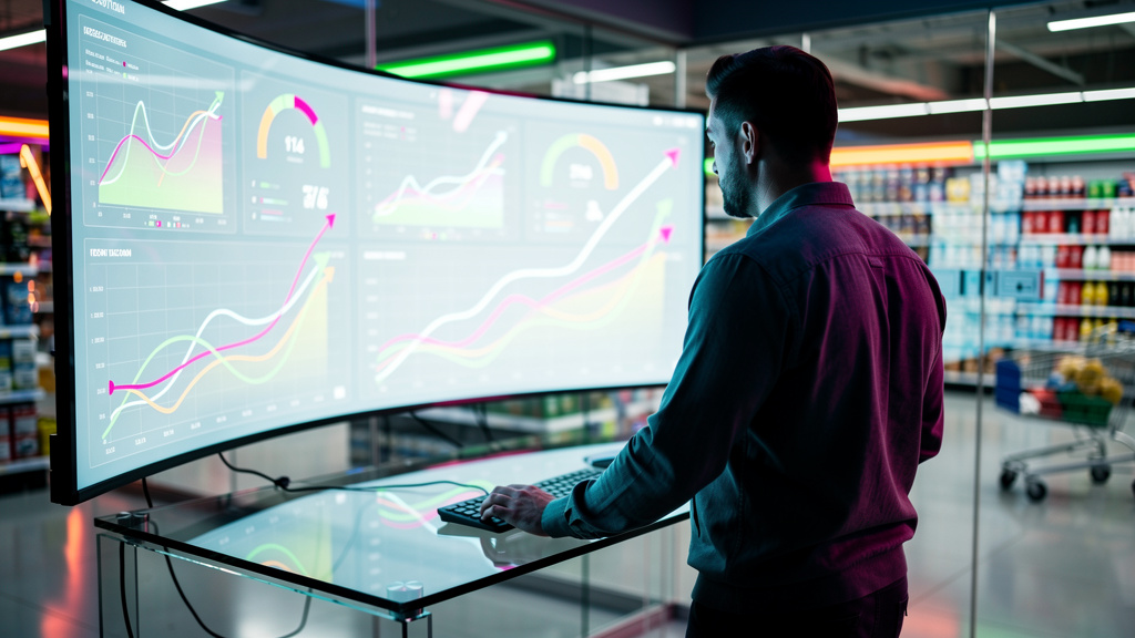 Blog Automatizado com IA: Escala Conteúdo no Varejo em 2026 — Um varejista analisando um painel de controle mostrando o aumento exponencial na produção de conteúdo do blog. O painel exibe gráficos de 