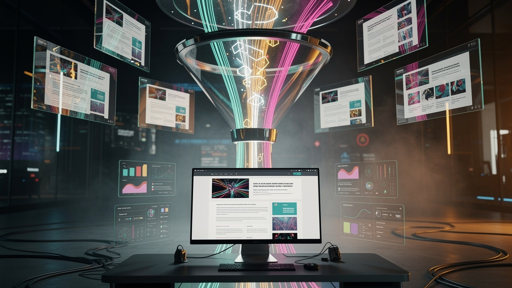 Blog Automatizado com IA: Seja Referência para ChatGPT em 2026 — Representação visual de um funil de otimização de conteúdo para LLMs. No topo do funil, diversas fontes de informação (sites, artigos, 