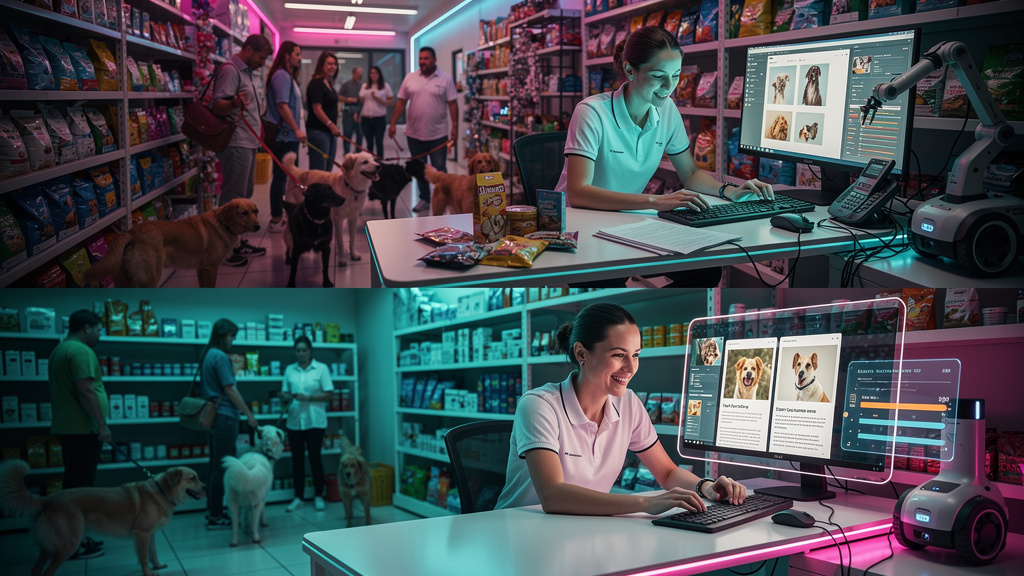 Blog Automatizado para Pet Shops em 2026: Escale Conteúdo com IA — Um infográfico dividido em duas seções: Na seção superior, um pet shop lotado e caótico, com funcionários sobrecarregados lutando par
