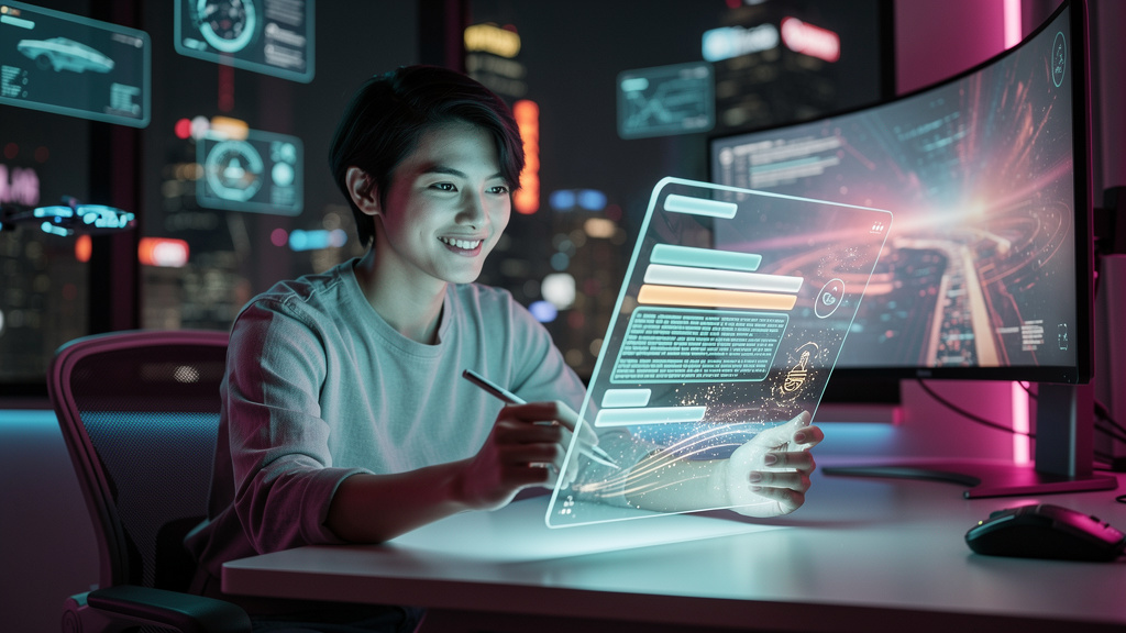 Blog com IA 2026: 7 Tendências e Ferramentas — Um designer de conteúdo trabalhando em um tablet transparente que mostra um rascunho de post de blog sendo gerado em tempo real por uma IA. O designer es