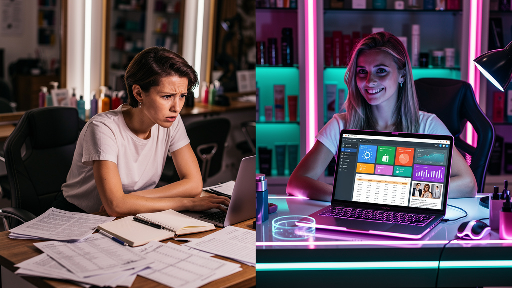 Blog com IA: Domine o Google e LLMs para Salões de Beleza — A split-screen image. On the left, a cluttered desk with papers and a stressed salon owner. On the right, the same salon owner smiling confi