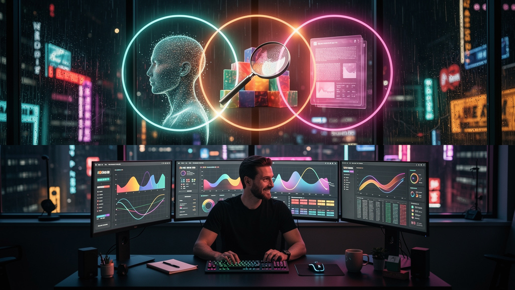 Blog com IA em 2026: Domine o Google com a Toolzz — Um infográfico dividido em duas partes (superior e inferior). Parte superior: Um diagrama de Venn mostrando a interseção entre 'Persona', 'Palavras-