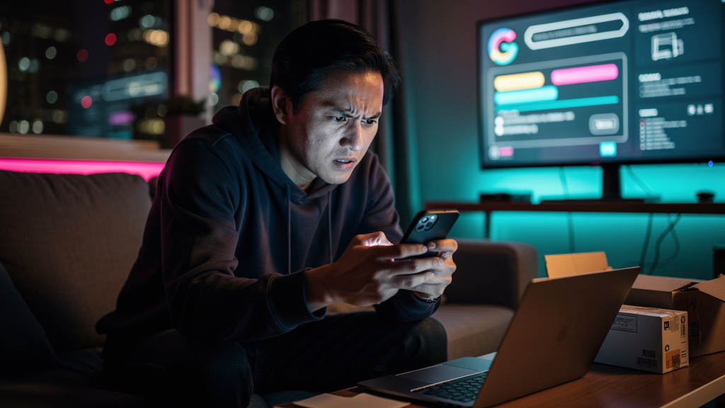 Blog com IA em 2026: Estratégias AEO para E-commerce — Um usuário frustrado digitando uma pergunta complexa no Google em seu smartphone. A tela do celular mostra um 'Google AI Overview' perfeitamente 