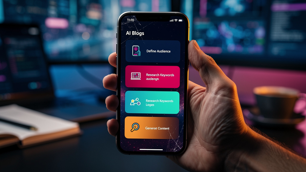 Blog com IA em 2026: Guia para Consultores Dominarem o Google — Um close-up de um smartphone mostrando uma interface de usuário intuitiva do Agente AI de Blog da Toolzz. A tela exibe um fluxo de traba