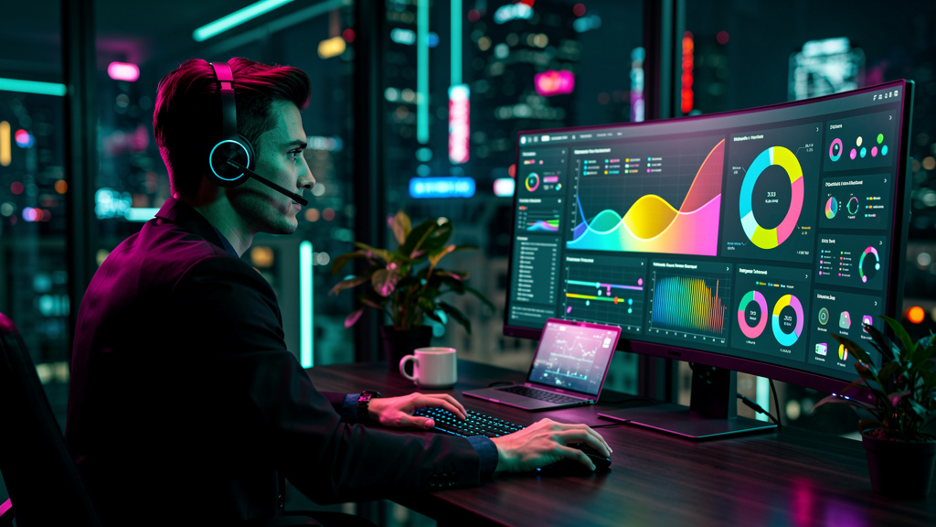 Blog com IA em 2026: Guia para Domínio com o Agente Blog da Toolzz — Um profissional de marketing, em um escritório moderno e iluminado, analisando um painel de controle complexo do Agente Blog IA da 