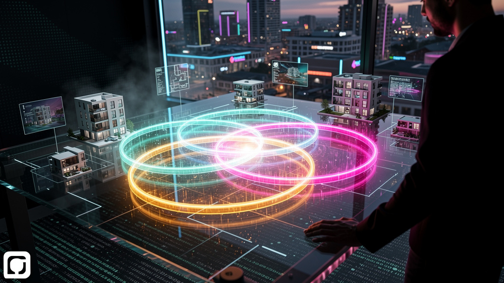 Blog com IA em 2026: Imobiliárias como Referência — Um diagrama de Venn complexo e colorido, representando a interseção entre 'Conteúdo de Qualidade', 'Relevância Semântica' e 'Estrutura Otimizada'. N