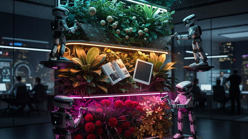 Blog com IA em 2026: Inbound Marketing para Consultores — Um funil de marketing visualizado como um jardim vertical, onde cada nível representa uma etapa (ToFu, MoFu, BoFu). Robôs jardineiros em minia