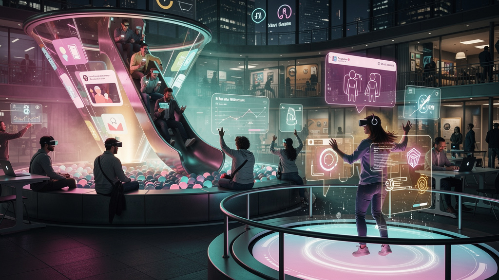 Blog com IA em 2026: Inbound Marketing para Educação e Cursos Online — Um funil de marketing visualmente representado como um playground colorido e interativo. No topo do funil (ToFu), pessoas entram