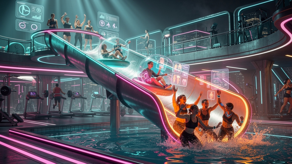 Blog com IA em 2026: Inbound Marketing para Fitness — Ilustração digital mostrando um funil de conteúdo estilizado como um tobogã aquático em um parque temático fitness. No topo do funil, pessoas cheg