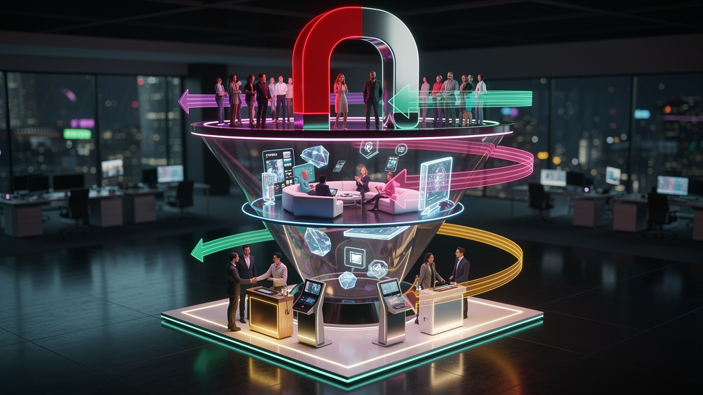 Blog IA 2026: Inbound Marketing Automatizado para Franquias — Representação visual de um funil de marketing (ToFu, MoFu, BoFu) em camadas. No topo (ToFu), um ímã gigante com o logo da Toolzz atrai div