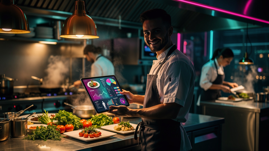 Blog IA 2026: Inbound Marketing para Restaurantes e Delivery — Um chef de cozinha sorrindo, usando um tablet na cozinha de um restaurante moderno. O tablet exibe um painel da Toolzz mostrando insights