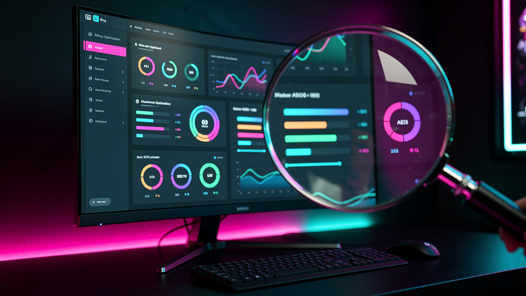 Blog IA: Toolzz vs. Ubersuggest – Qual a melhor opção? — Um close-up de um monitor exibindo a interface do Toolzz AI Blog Agent, mostrando as opções de otimização SEO e AEO em tempo real. Uma lupa pai
