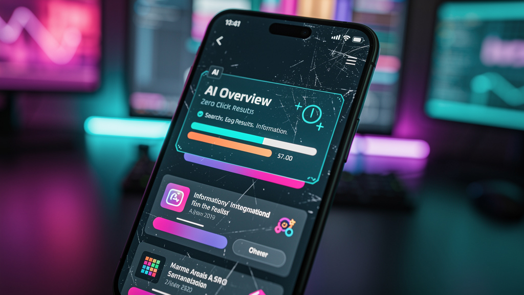 Blog para Inbound Automatizado: Domine o Zero-Click com Blog IA — Close-up estilizado de uma tela de smartphone mostrando uma busca no Google que resulta em um 'AI Overview' conciso e informativo. A t