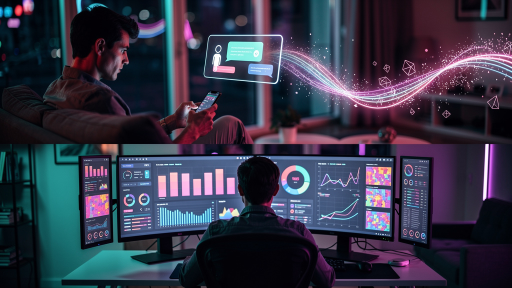 Bot com relatórios de atendimento: Maximize a eficiência do seu suporte — Um diagrama de fluxo mostrando um cliente interagindo com um chatbot no lado esquerdo, e esse chatbot alimentando dados para u