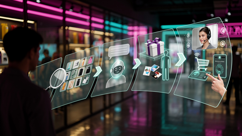 Bot Commerce: O Futuro do Varejo Conversacional — Um fluxograma que ilustra a jornada do cliente através do bot commerce. Começando com 'Descoberta do Produto' (ícone de lupa), passando por 'Interação