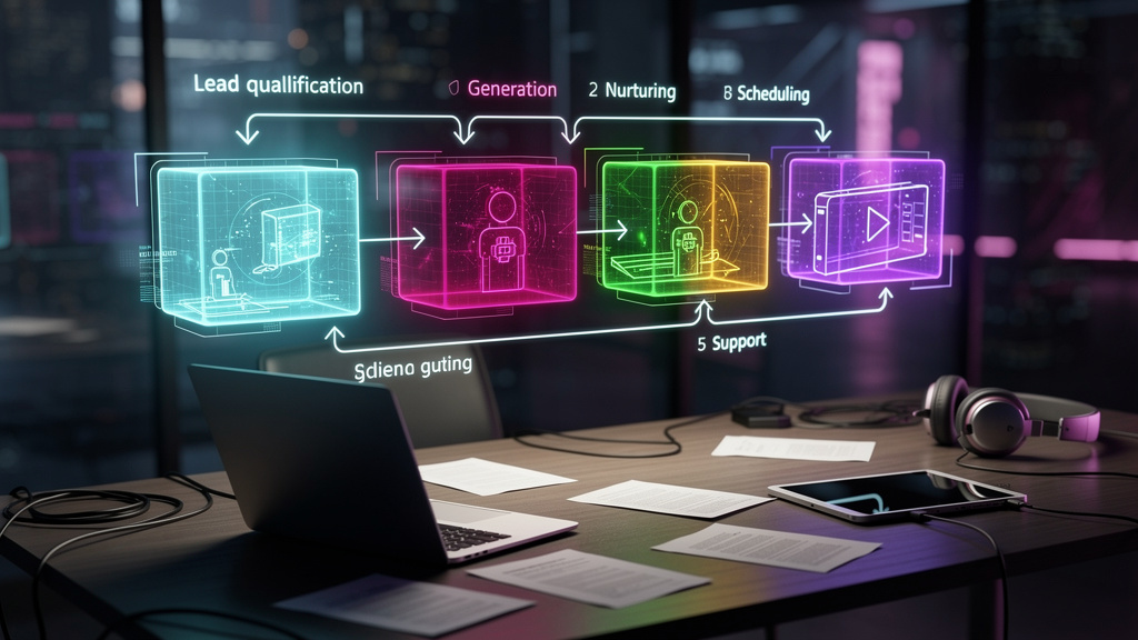 Bot de Vendas Gratuito: Guia Completo e Melhores Opções — Um diagrama em formato de blueprint mostrando a estrutura interna de um chatbot de vendas, com setas indicando o fluxo de informações entre os