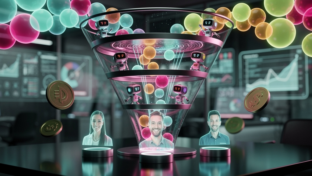 Bot de Vendas: Guia Completo para Impulsionar seus Resultados — Um close-up estilizado de um funil de vendas digital, com leads entrando na parte superior e se movendo para baixo. Em cada etapa do fun