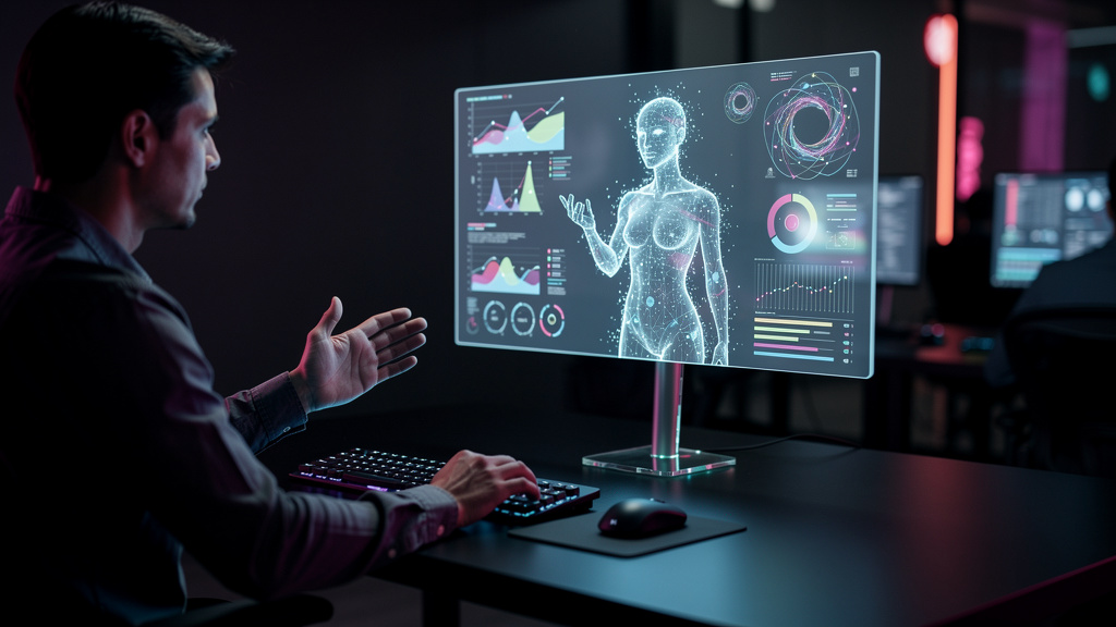 Bot.IA: Revolucionando o Workforce com Agentes de Inteligência Artificial — Um agente de IA da Toolzz em formato de assistente virtual, projetado em uma tela holográfica sobre uma mesa de escritório.