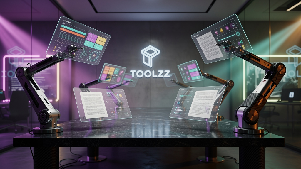 BotJuris: O Que É e Como Aplicar no seu Negócio — Um escritório de advocacia moderno e minimalista. Em vez de pessoas, vários braços robóticos elegantes e eficientes, cada um com um pequeno monitor mo