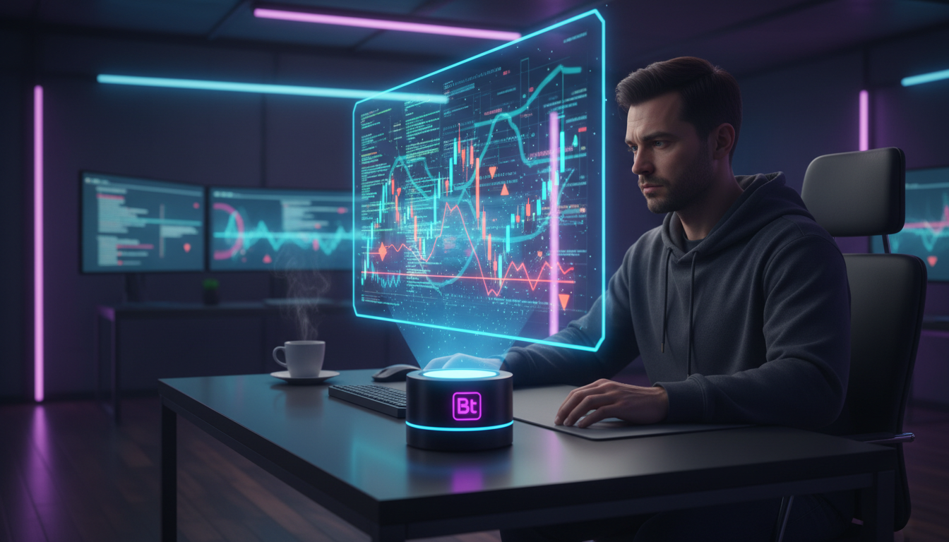 Bots de Trading: Automatize seus Investimentos em 2026 — Um programador em 2026, vestindo um moletom confortável, trabalhando em um holograma complexo que mostra linhas de código entrelaçadas com gráf
