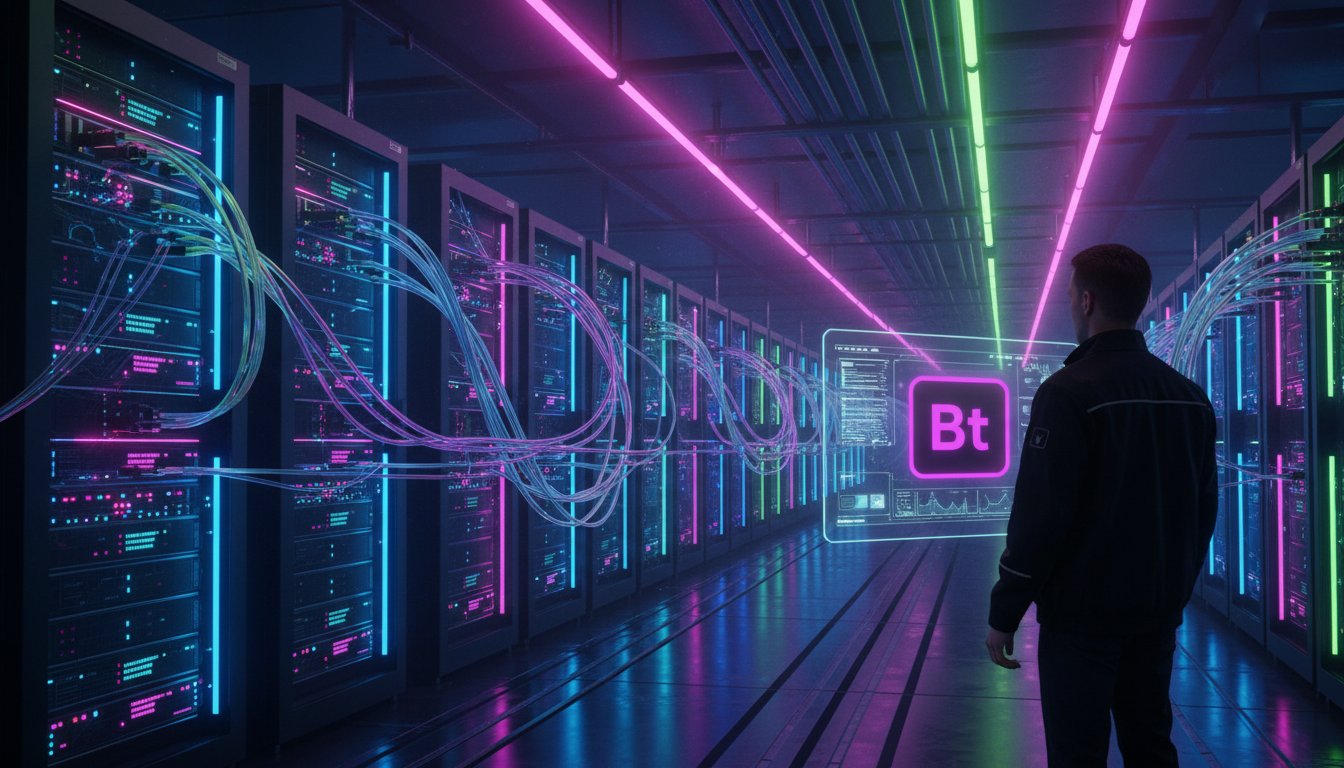 Bots em Ascensão: Como a IA está Redefinindo a Internet — Uma visão macro de servidores de data centers piscando em alta velocidade, com feixes de dados visíveis conectando-os. No canto inferior direi