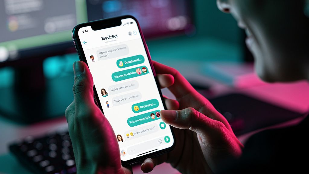 BrasilzBot: O Guia Completo para Automação com IA — Um close-up das mãos de um usuário interagindo com um chatbot BrasilzBot em um smartphone. O chatbot exibe uma interface amigável e intuitiva, com o