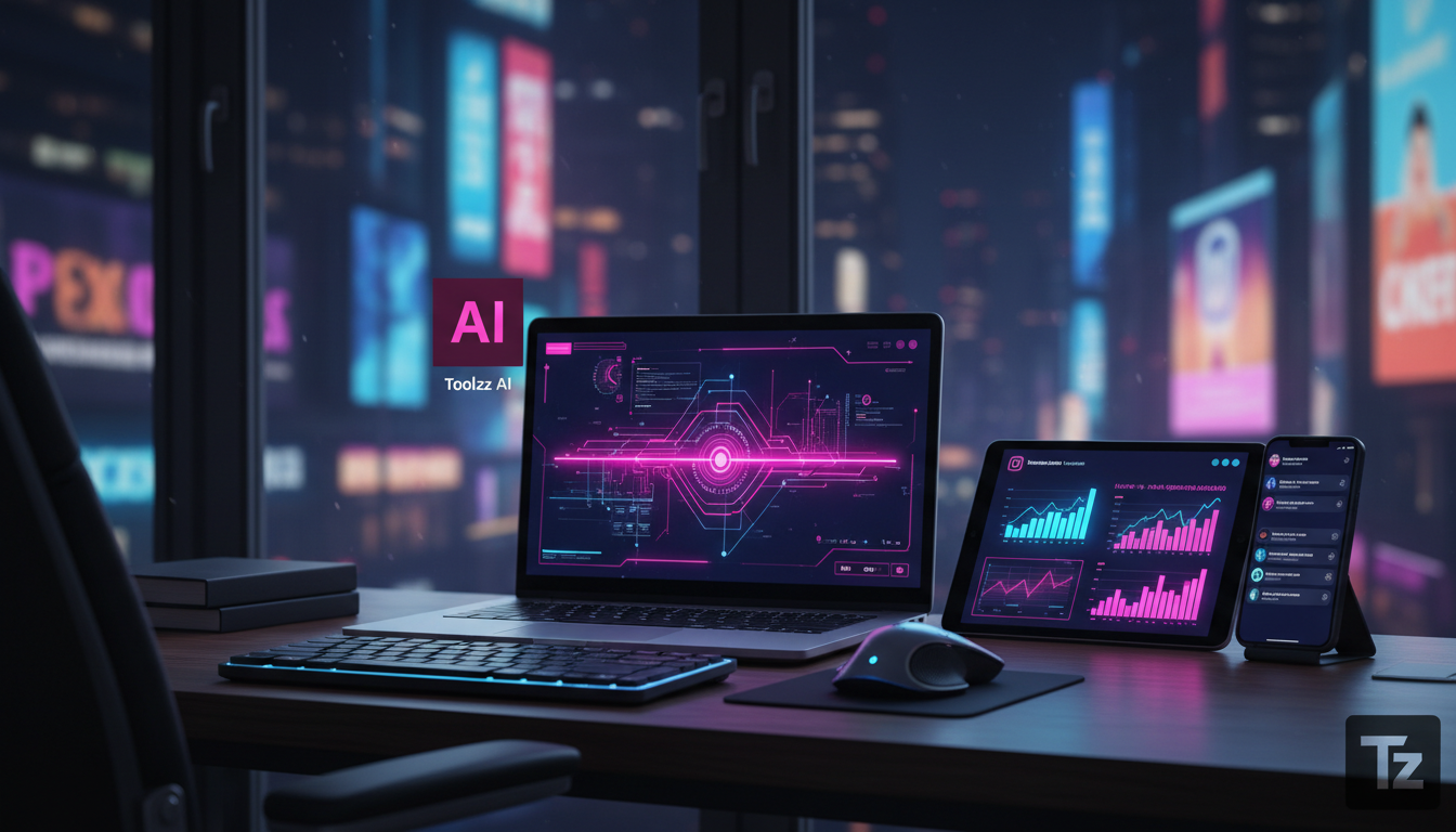 Calculadora de ROI: vale a pena investir em automação Instagram? — Uma mesa de escritório moderna com vários dispositivos: um laptop mostrando a interface da Toolzz AI, um tablet com gráficos de engaj