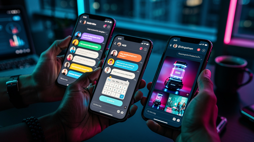 Calculadora de ROI: vale a pena investir em chatbot Instagram? — Close-up de várias mãos interagindo com telas de smartphones mostrando interfaces de Instagram com chatbots em ação. Cada tela exibe di