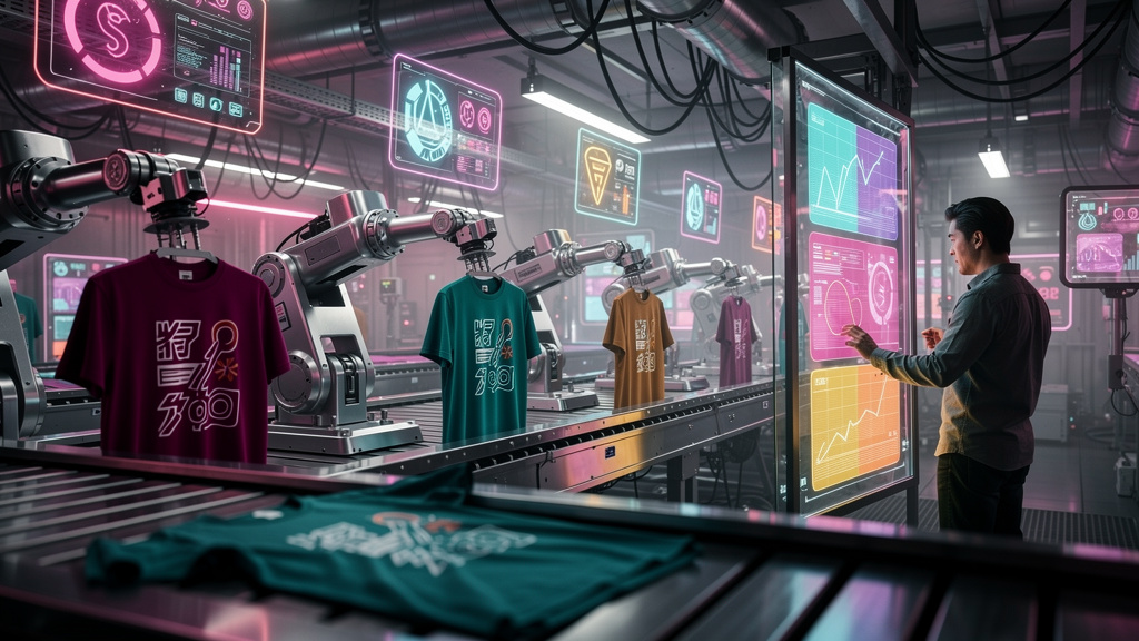 Calculadora de ROI: vale a pena investir em Content Marketing IA? — Uma linha de produção em uma fábrica moderna, onde braços robóticos personalizam camisetas com diferentes mensagens e designs, cada 