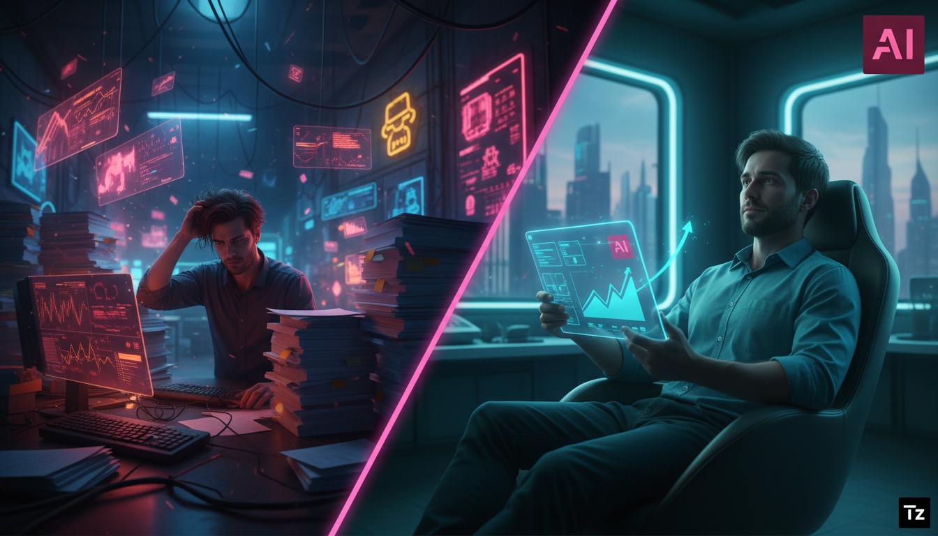 Calculadora de ROI: vale a pena investir em Meta Business Suite IA? — Ilustração digital mostrando uma tela dividida: de um lado, um profissional de marketing sobrecarregado, cercado por pilhas de pap