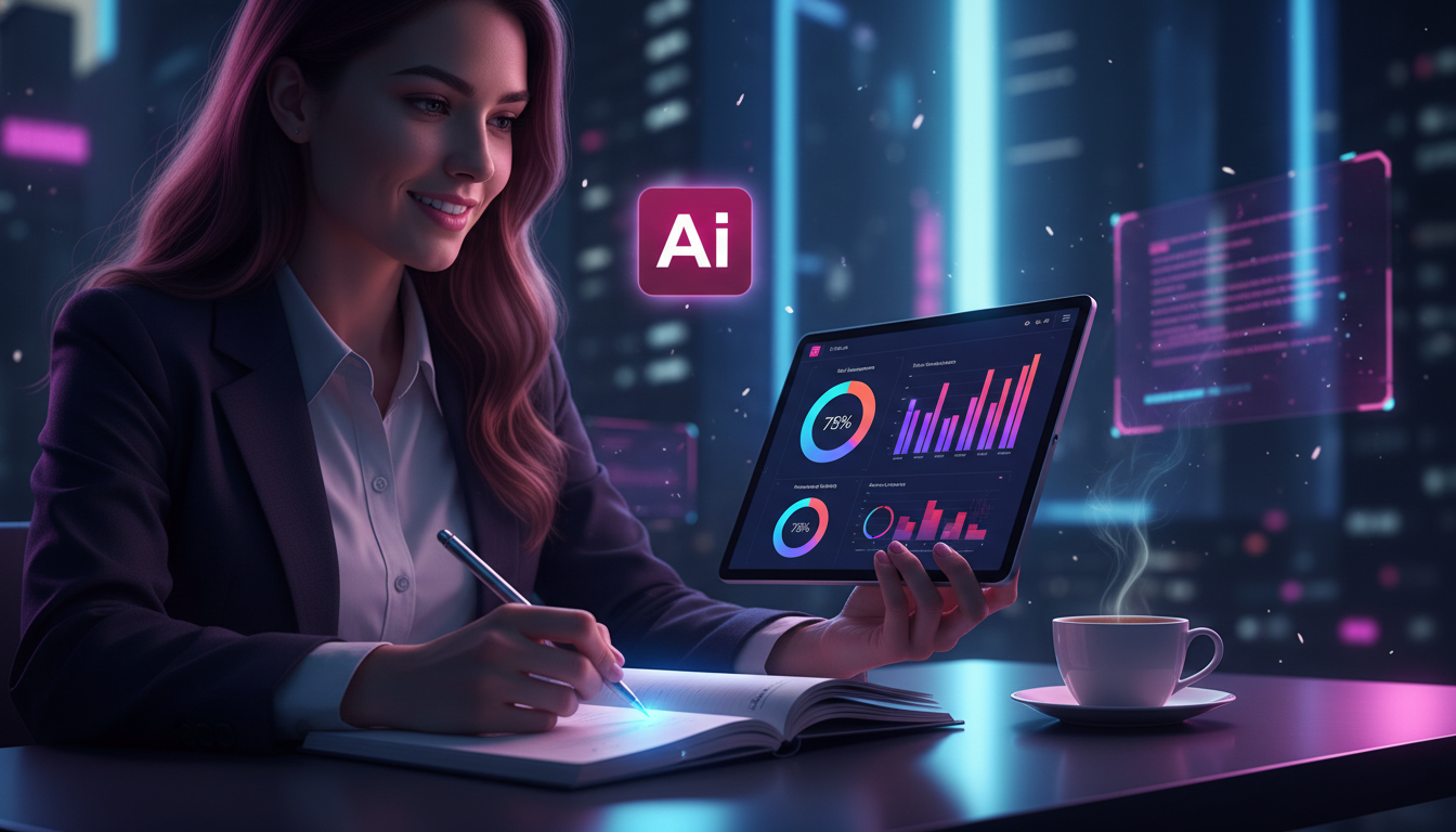 Carreira e IA: Como ter um Coach Pessoal para Crescer — Uma pessoa utilizando um aplicativo da Toolzz em um tablet. O aplicativo mostra um painel de controle intuitivo com gráficos de barras e pizza r
