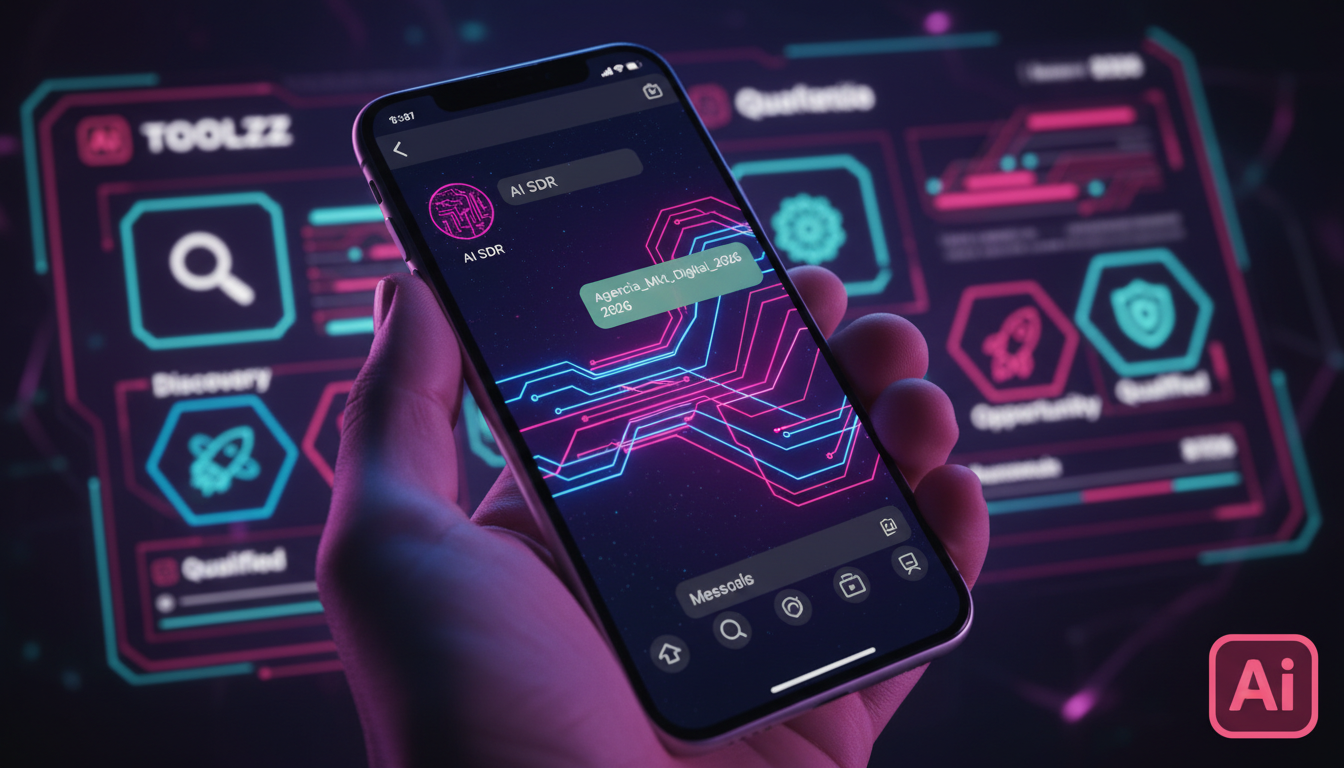 Case de sucesso: Agências de marketing escolheram Toolzz em 2026 — Uma tela de celular mostrando uma DM no Instagram. O Agente AI SDR da Toolzz está respondendo automaticamente à mensagem de um potenc