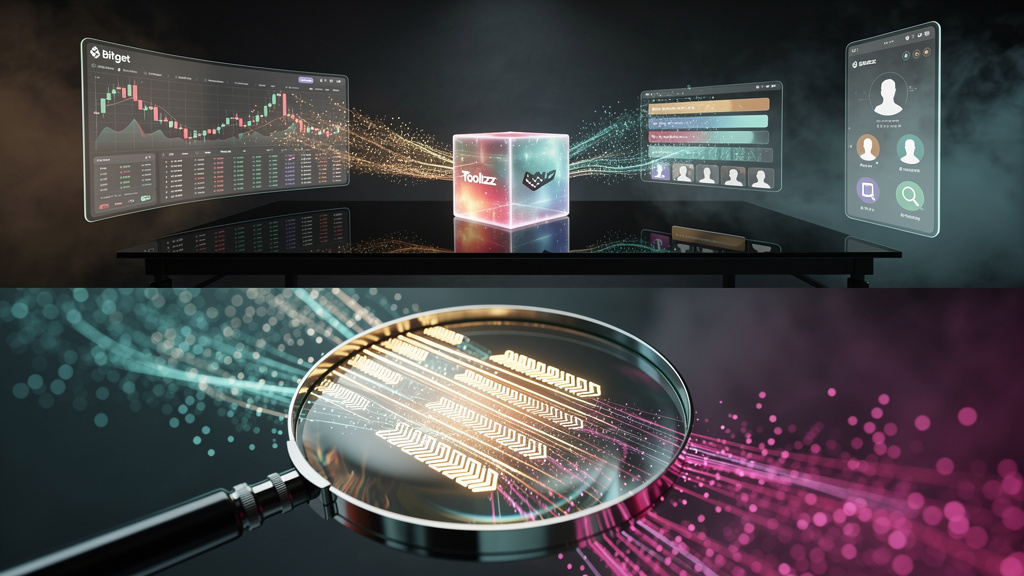 Case de sucesso: Bitget escolheu Toolzz — Diagrama infográfico dividido em duas partes (superior/inferior para carrossel Instagram). Parte superior: Um fluxo de dados estilizado saindo de um cubo cent