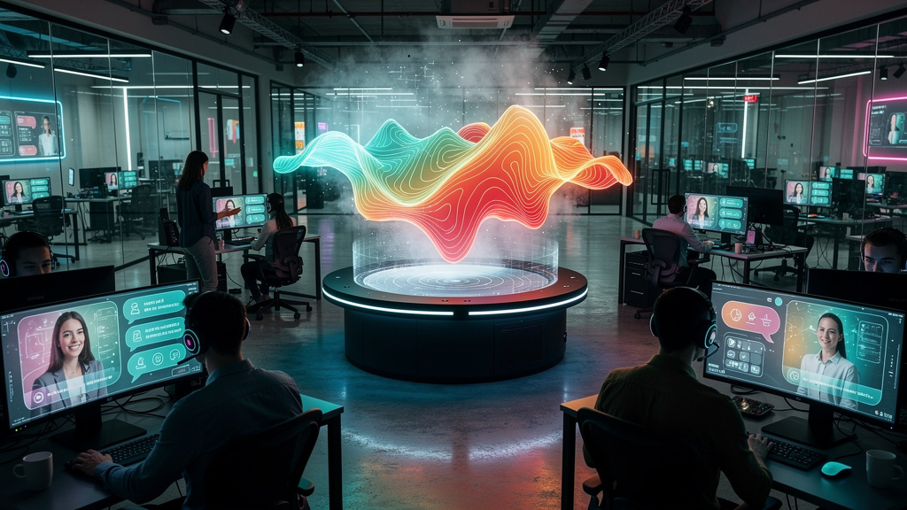 Case de sucesso: Protocolo A2A impulsiona a automação em 2026 — Um call center movimentado, mas organizado e moderno, com agentes de IA representados como avatares amigáveis em telas individuais, inte