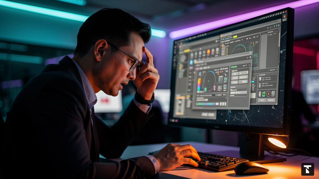 Case de sucesso: RH reduziu em 70% tempos de treinamento com Toolzz LXP — Close-up de um colaborador frustrado tentando usar um sistema de treinamento corporativo antigo e confuso. A interface é datad