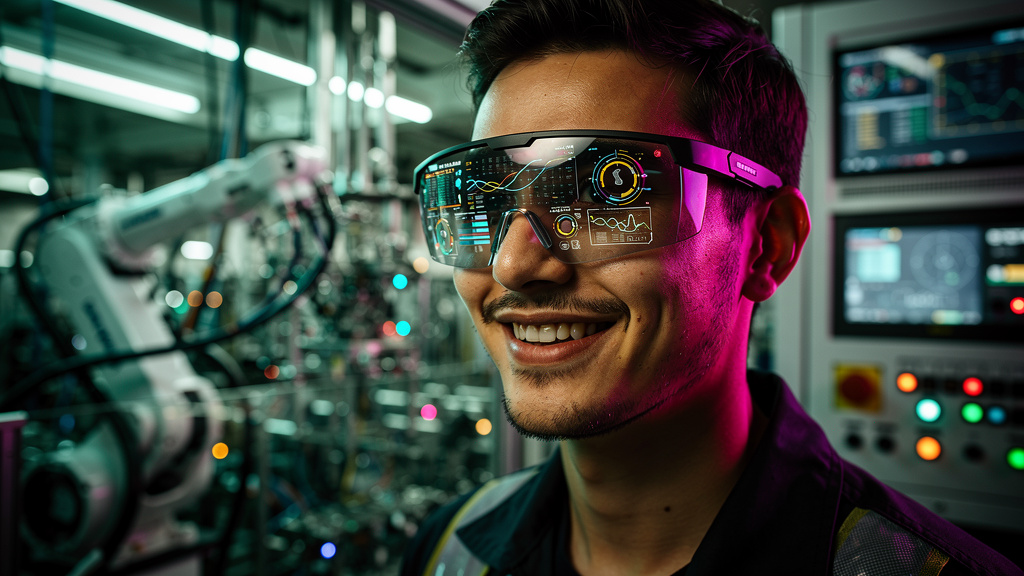 Case de sucesso: Terafab e a Transformação da Educação em 2026 — Close-up de um engenheiro da Terafab usando óculos de realidade aumentada. As lentes exibem dados e gráficos da Toolzz LXP sobrepostos 