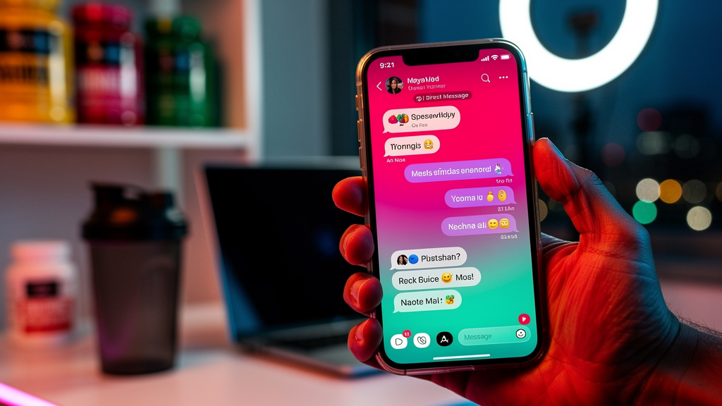 Case de sucesso: Toolzz escolheu IA para Instagram em 2026 — Close-up de um smartphone mostrando uma tela de conversa do Instagram. A conversa é entre um seguidor e o Agente AI Influencer da Toolzz, c
