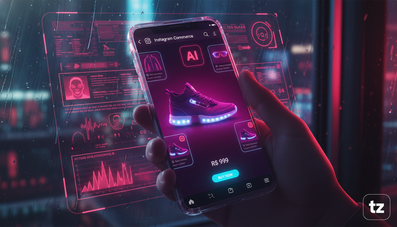 Case de sucesso: Toolzz impulsiona vendas no Instagram em 2026 — Close-up de uma tela de smartphone mostrando a interface do Instagram Commerce, com destaque para um produto sendo vendido através de u