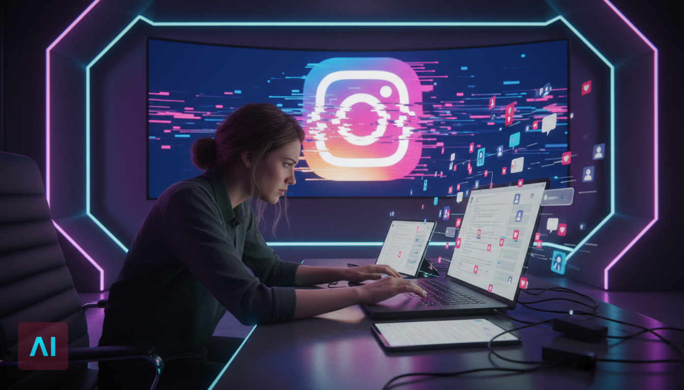 Case de sucesso: Toolzz otimizou IA para Instagram Business — Um usuário de mídia social, em um ambiente de escritório moderno e minimalista, parece sobrecarregado ao tentar responder a inúmeras notif