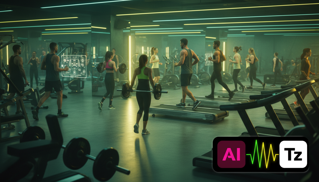 Case Toolzz: 70% mais leads qualificados em apenas 3 semanas — Uma academia moderna e movimentada, vista de um ângulo ligeiramente elevado, com pessoas se exercitando em diferentes equipamentos. No ca