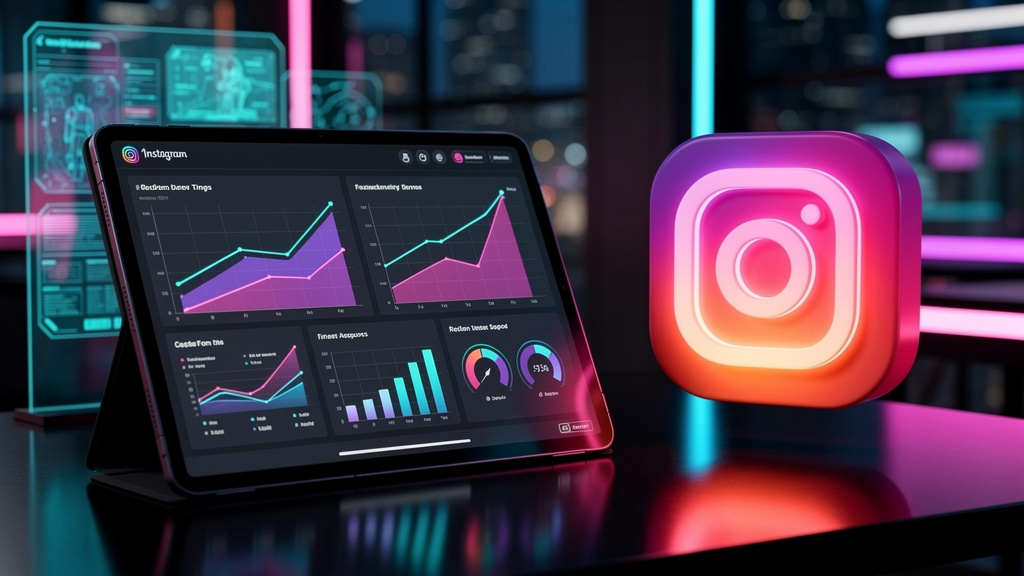 Case Toolzz: Escalar o Instagram em apenas 7 meses — Uma tela de tablet mostrando um dashboard da Toolzz com gráficos de desempenho do Agente AI Influencer. Os gráficos mostram aumento de engajamento 